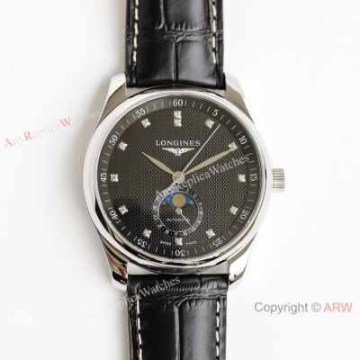 (GF) Swiss Grade Longines Moon phase Master Watch Black Leather Strap